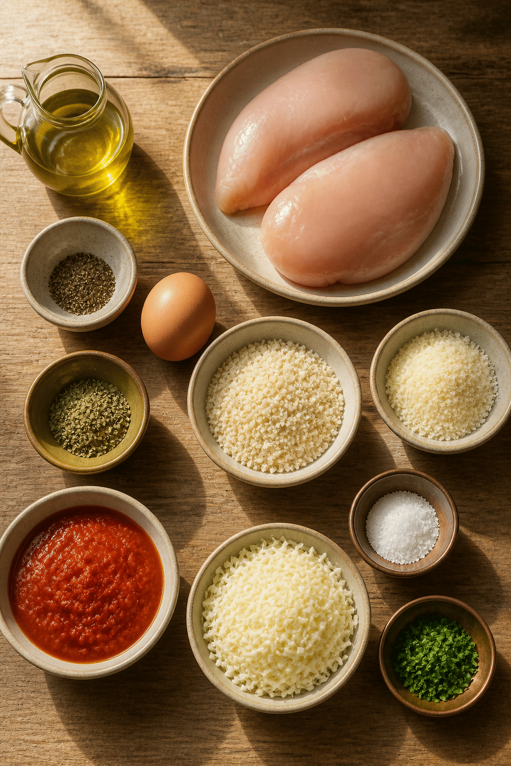 Ingredients arranged for oven baked chicken Parmesan