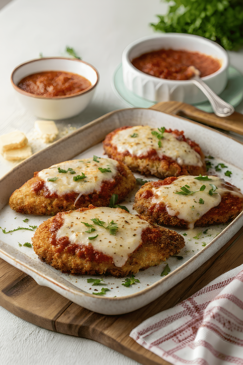 Close view of the finished oven baked chicken Parmesan