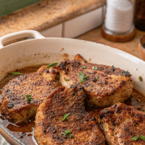 Oven baked pork chops with a golden paprika seasoning crust