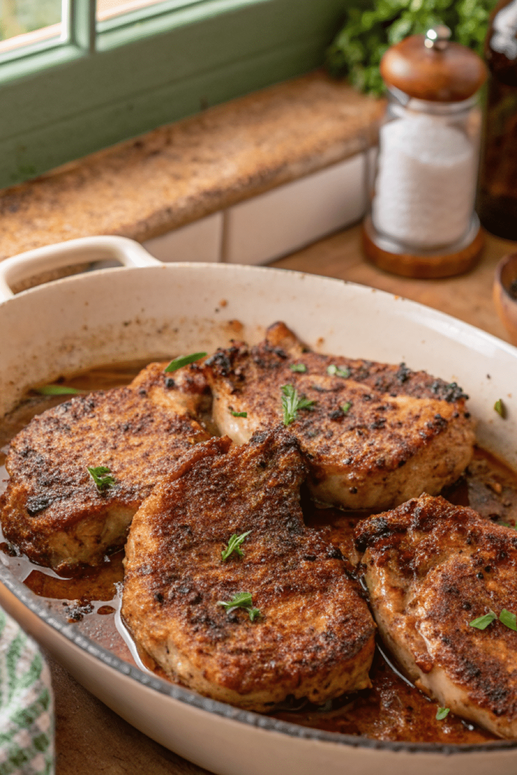 Oven baked pork chops with a golden paprika seasoning crust