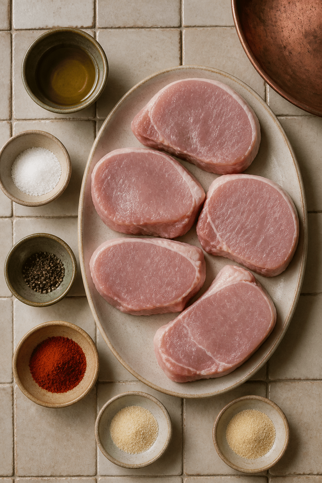 Oven baked pork chops ingredients measured on a kitchen counter