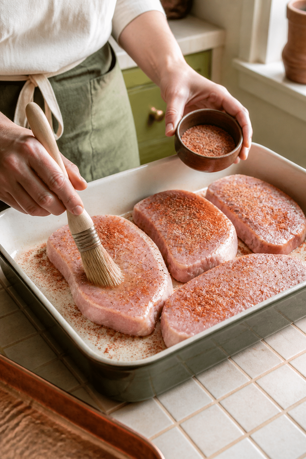 Boneless pork chops being brushed with olive oil and seasoned