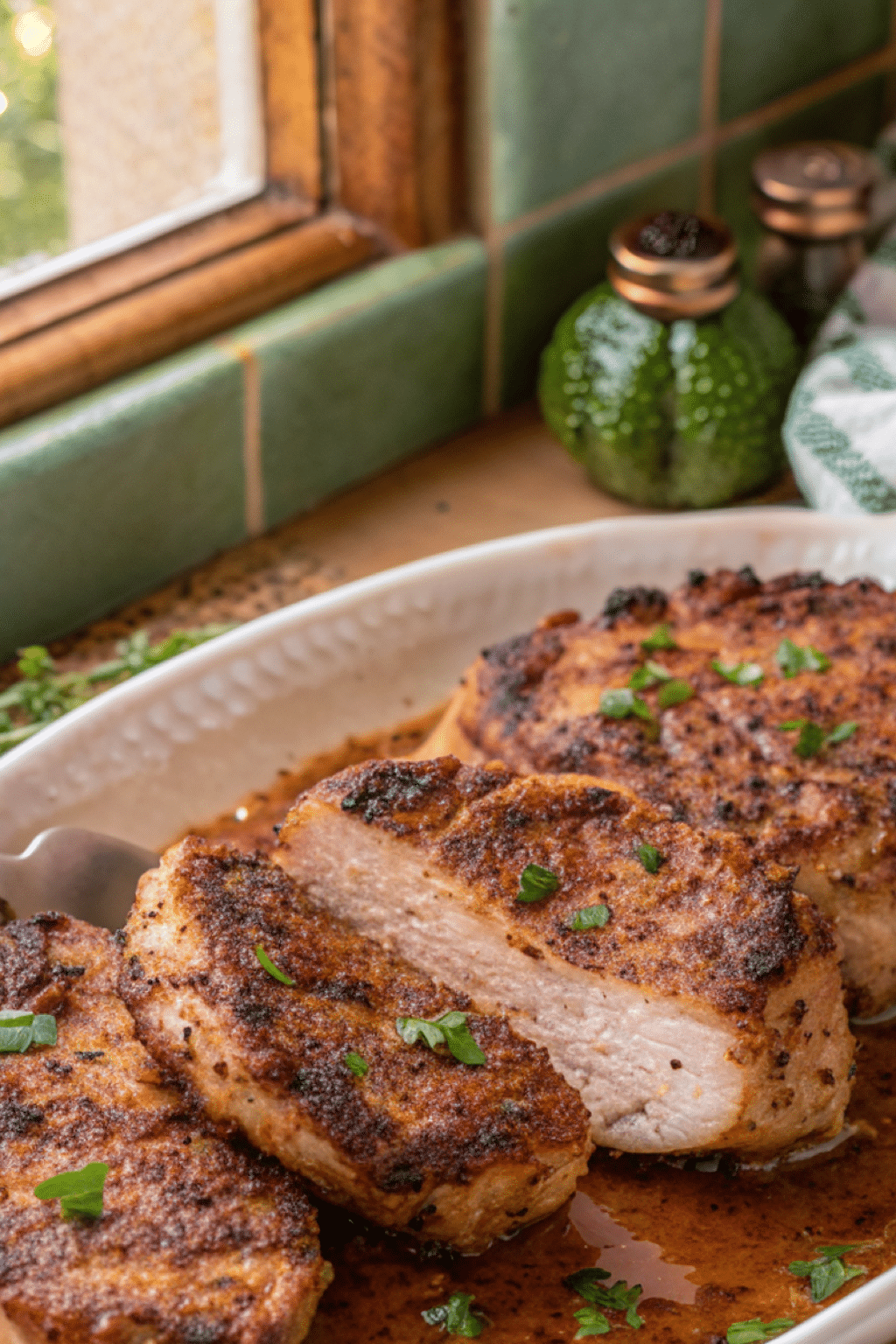 Juicy oven baked pork chop sliced to show its cooked interior
