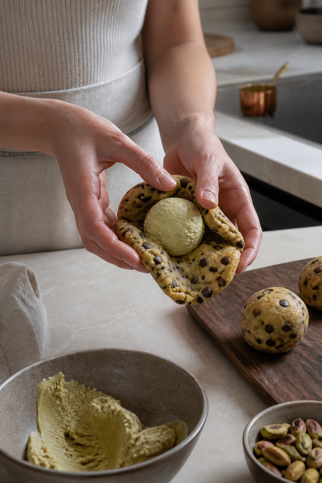 Wrapping cookie dough around frozen pistachio cream