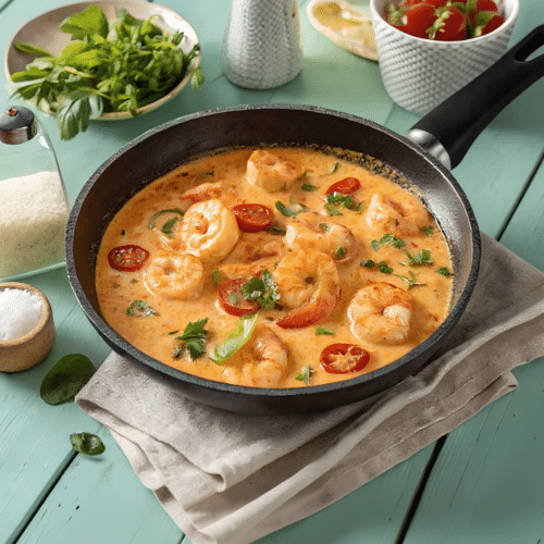 Shrimp in coconut sauce in a shallow skillet