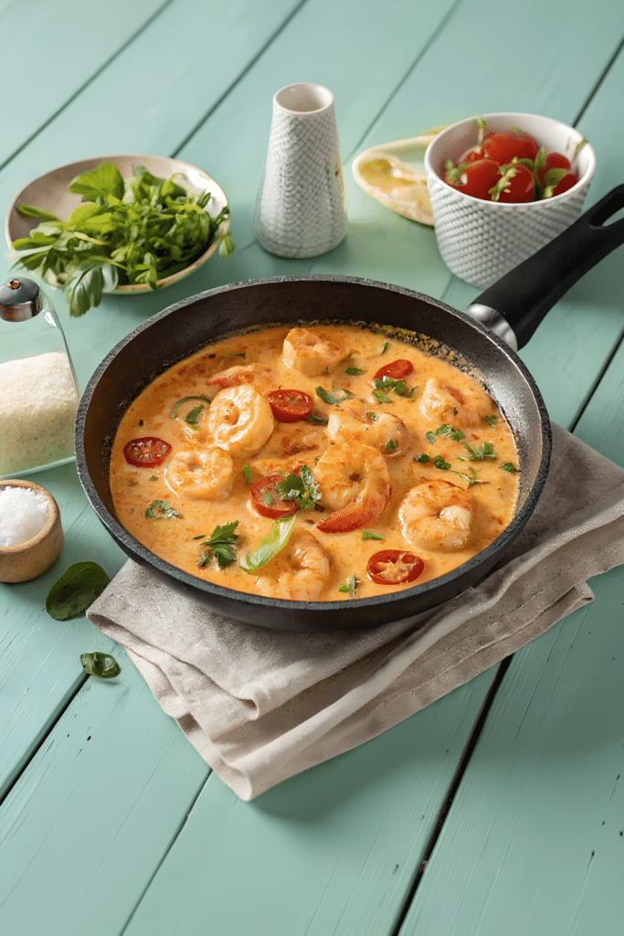 Shrimp in coconut sauce in a shallow skillet