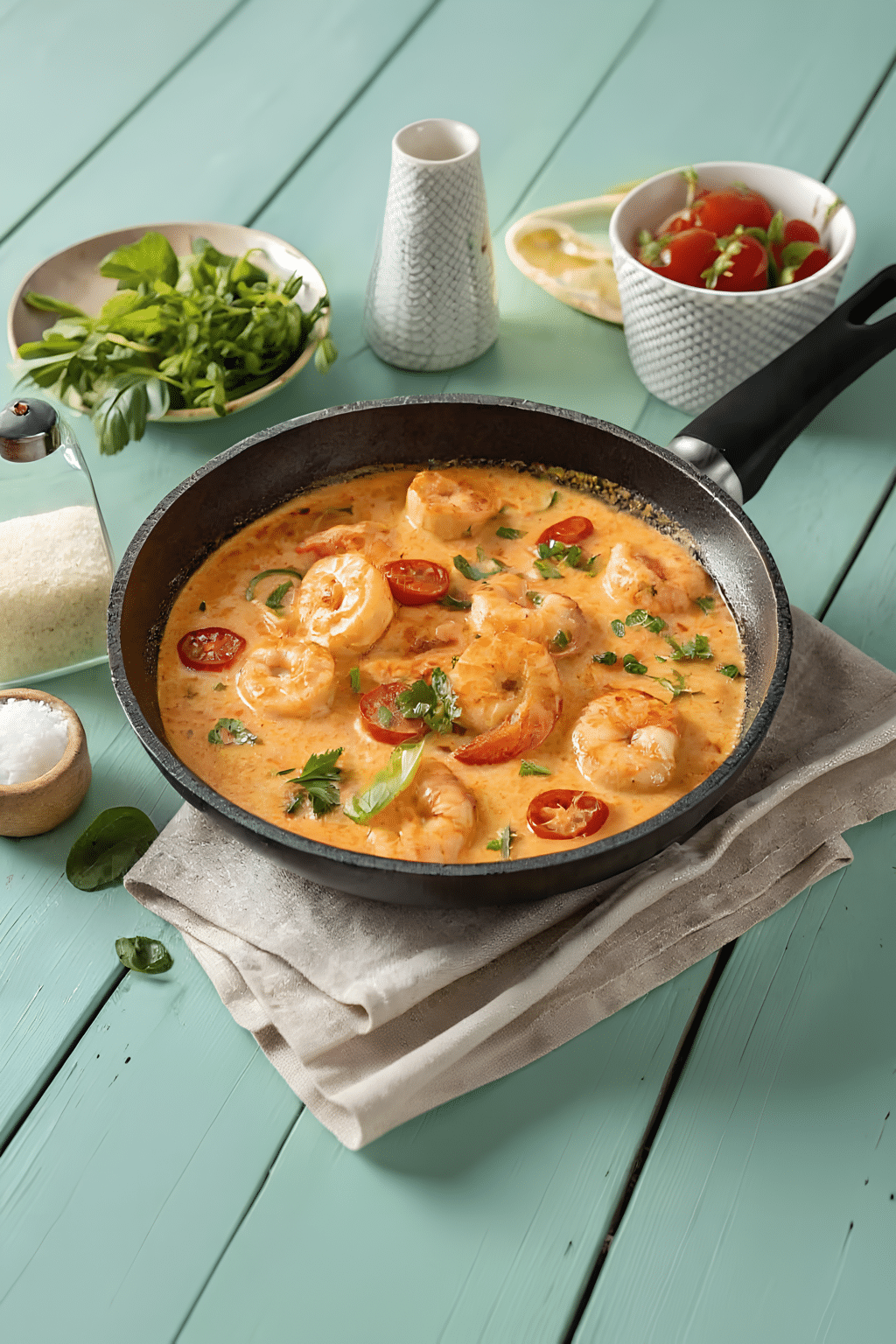 Shrimp in coconut sauce in a shallow skillet
