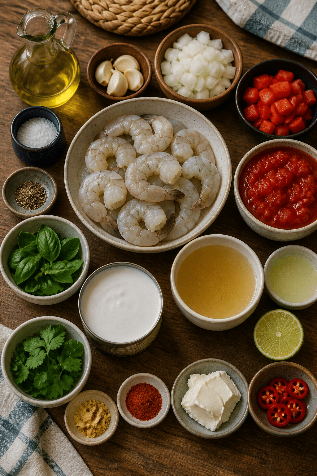 Shrimp in coconut sauce ingredients on an oak worktop