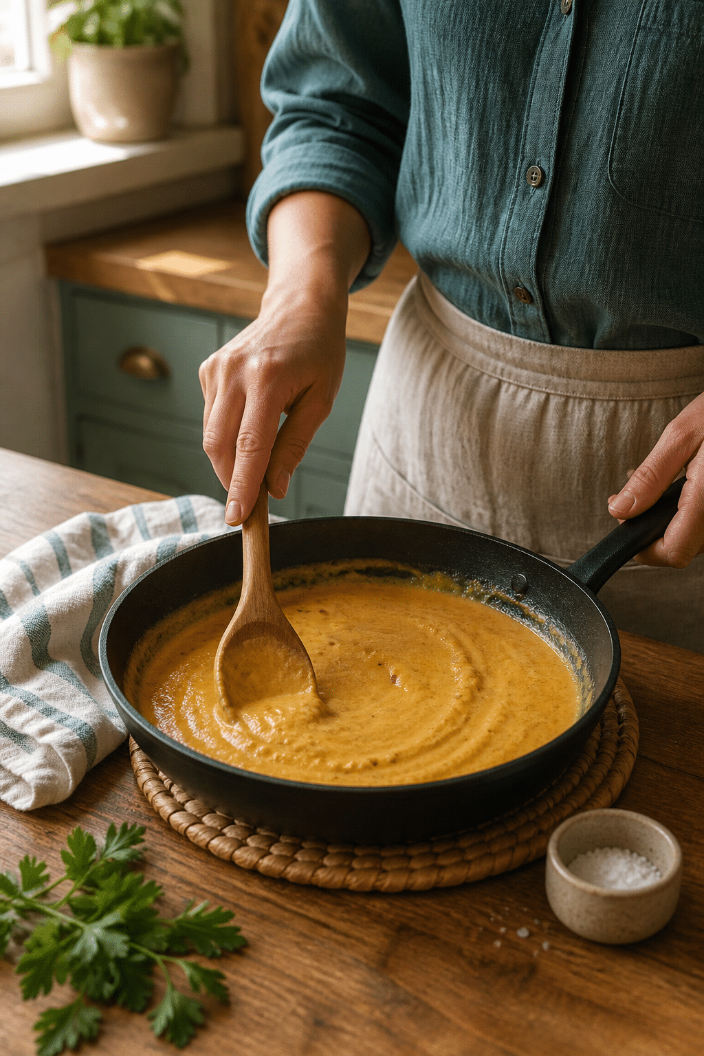 Stirring blended coconut sauce in a skillet