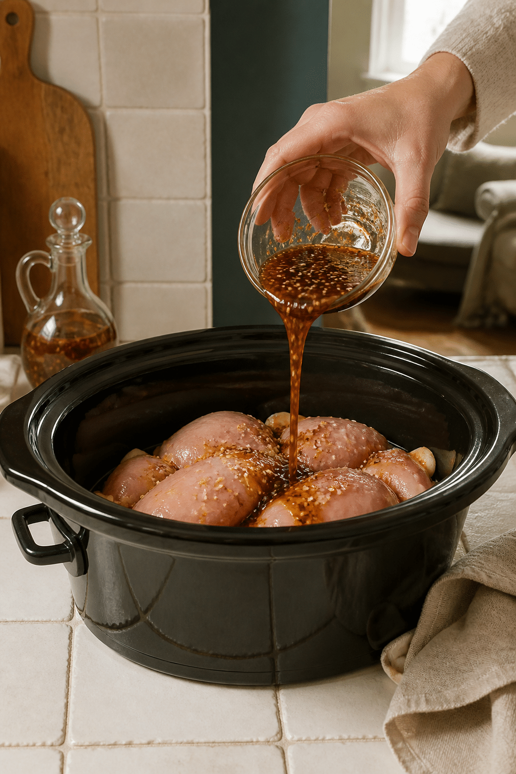 Honey sesame sauce poured over chicken in a slow cooker