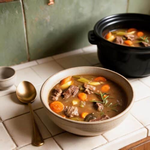 Slow cooker Irish beef stew served in a stoneware bowl beside the slow cooker