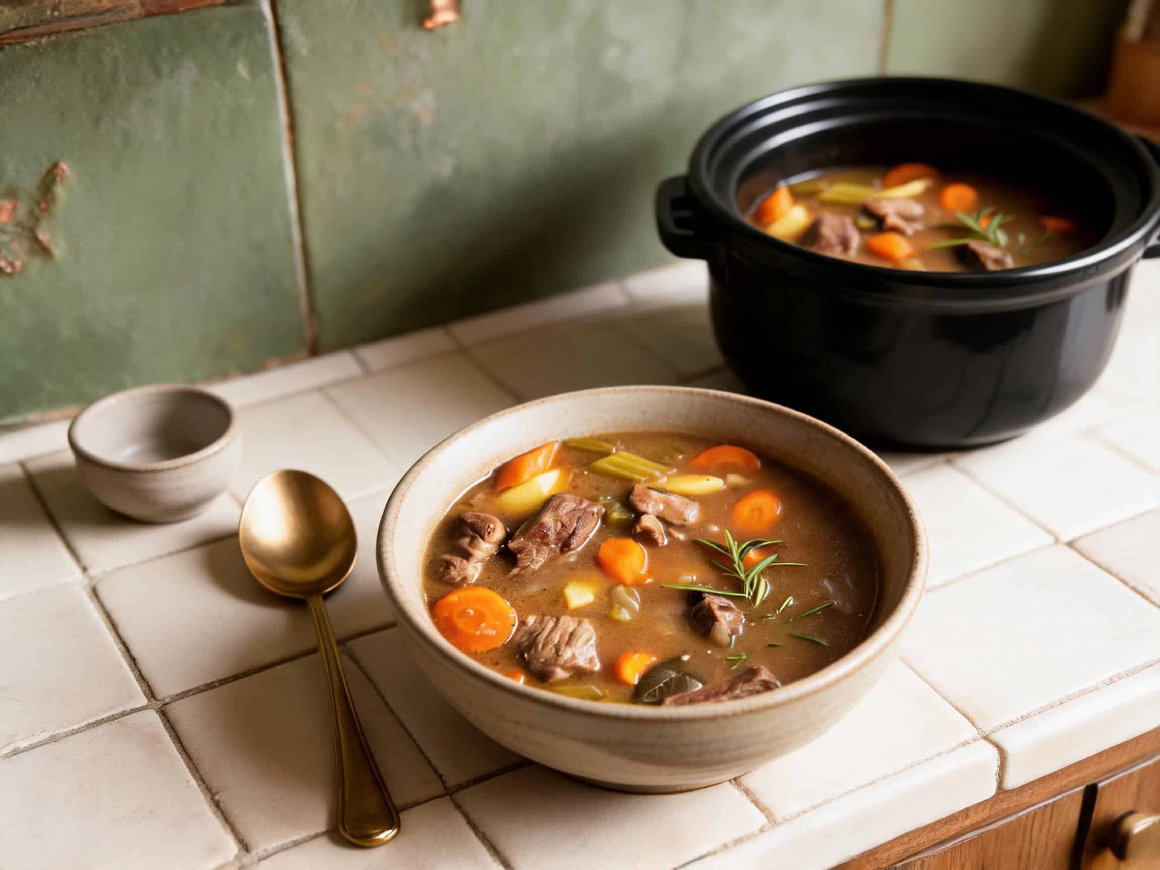 Slow cooker Irish beef stew served in a stoneware bowl beside the slow cooker