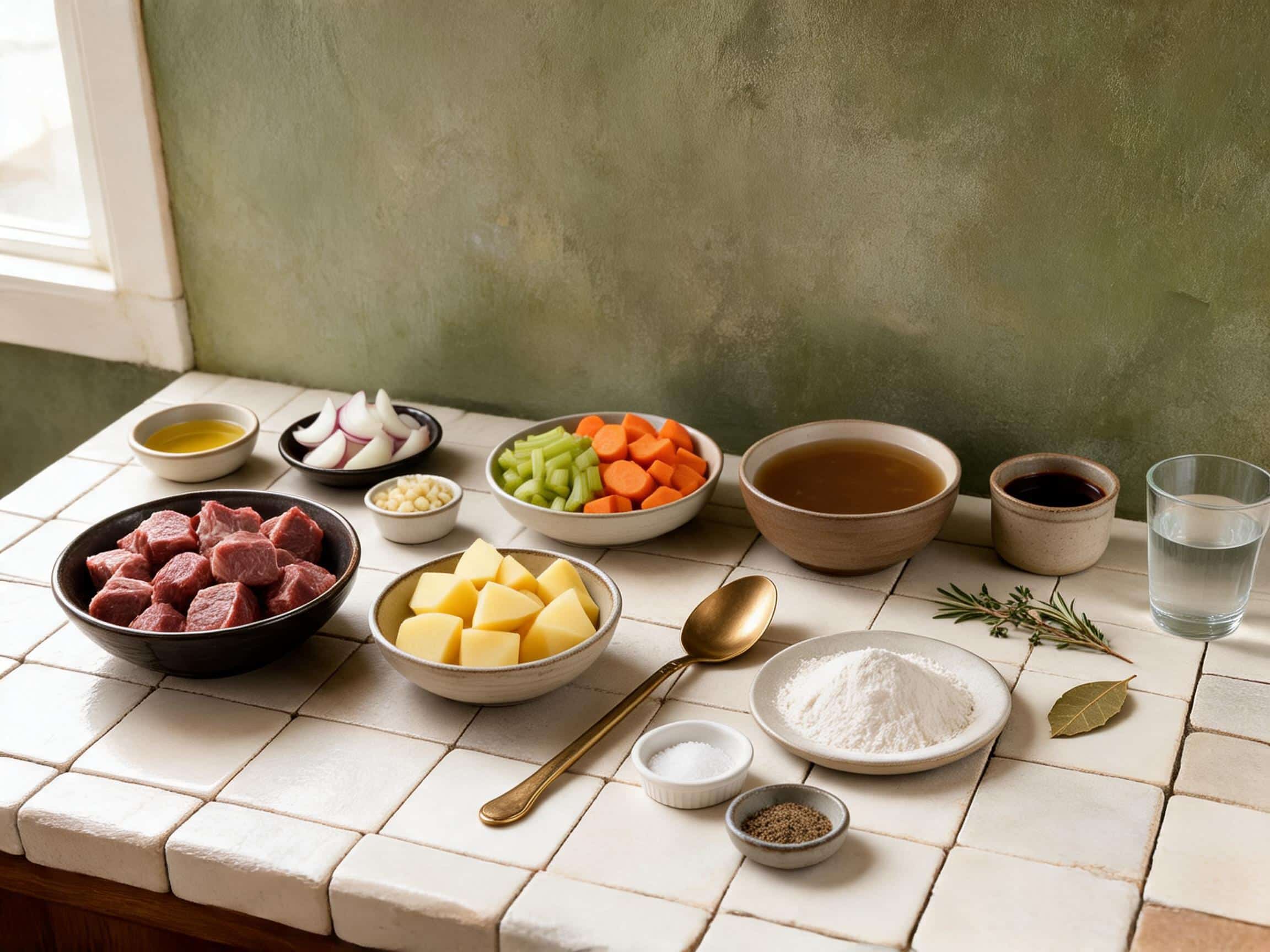 Slow cooker Irish beef stew ingredients arranged on an ivory kitchen counter