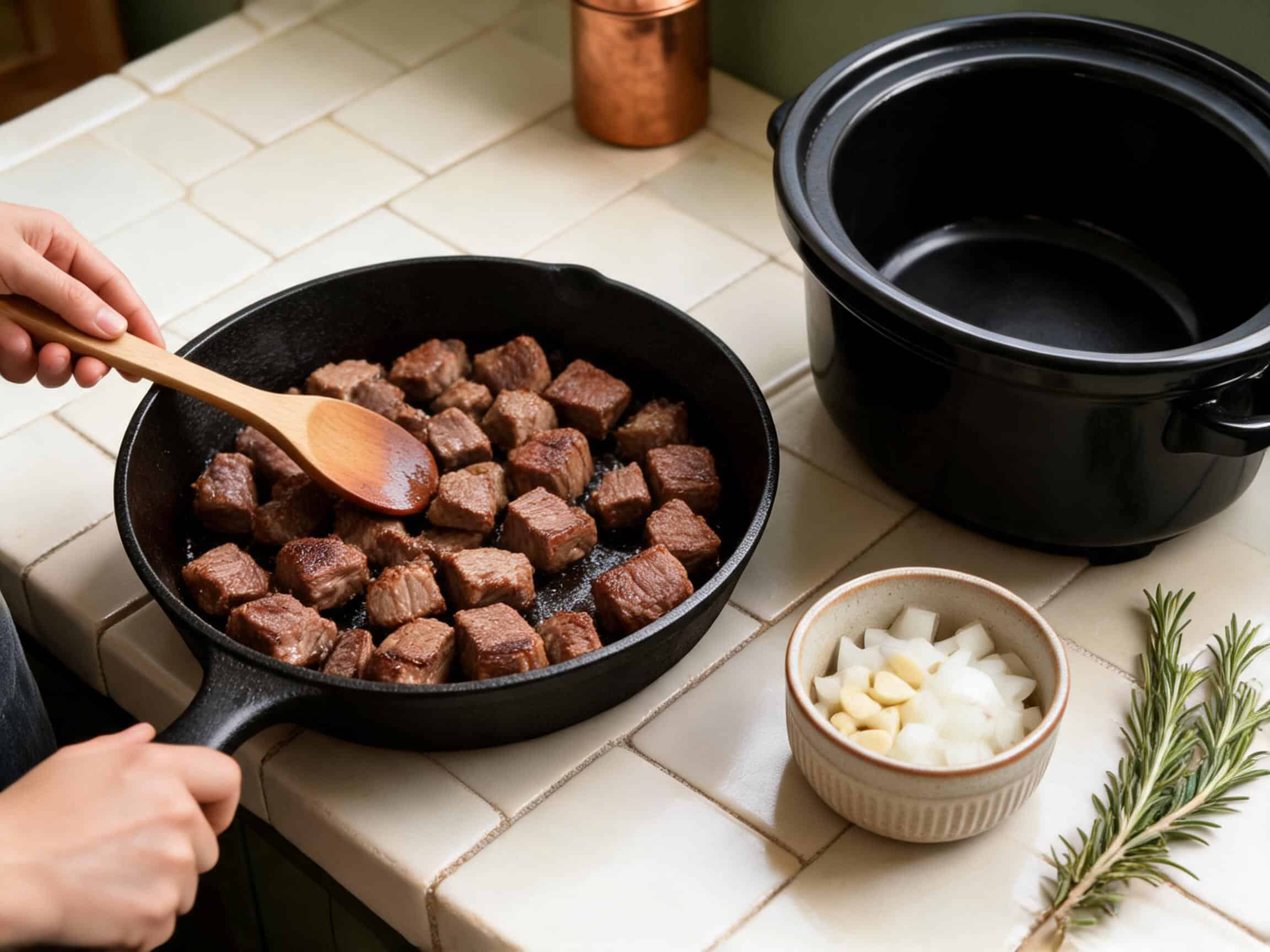 Beef cubes browning in a skillet before going into the slow cooker