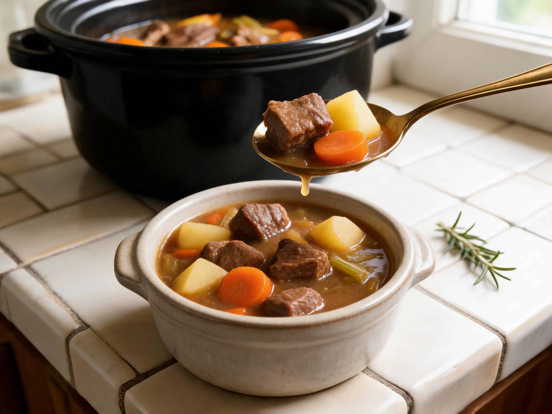 Spoonful of tender beef, potato and carrot lifted from slow cooker Irish beef stew