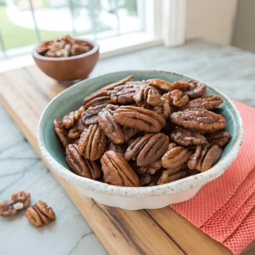 Bowl of finished stovetop candied pecans