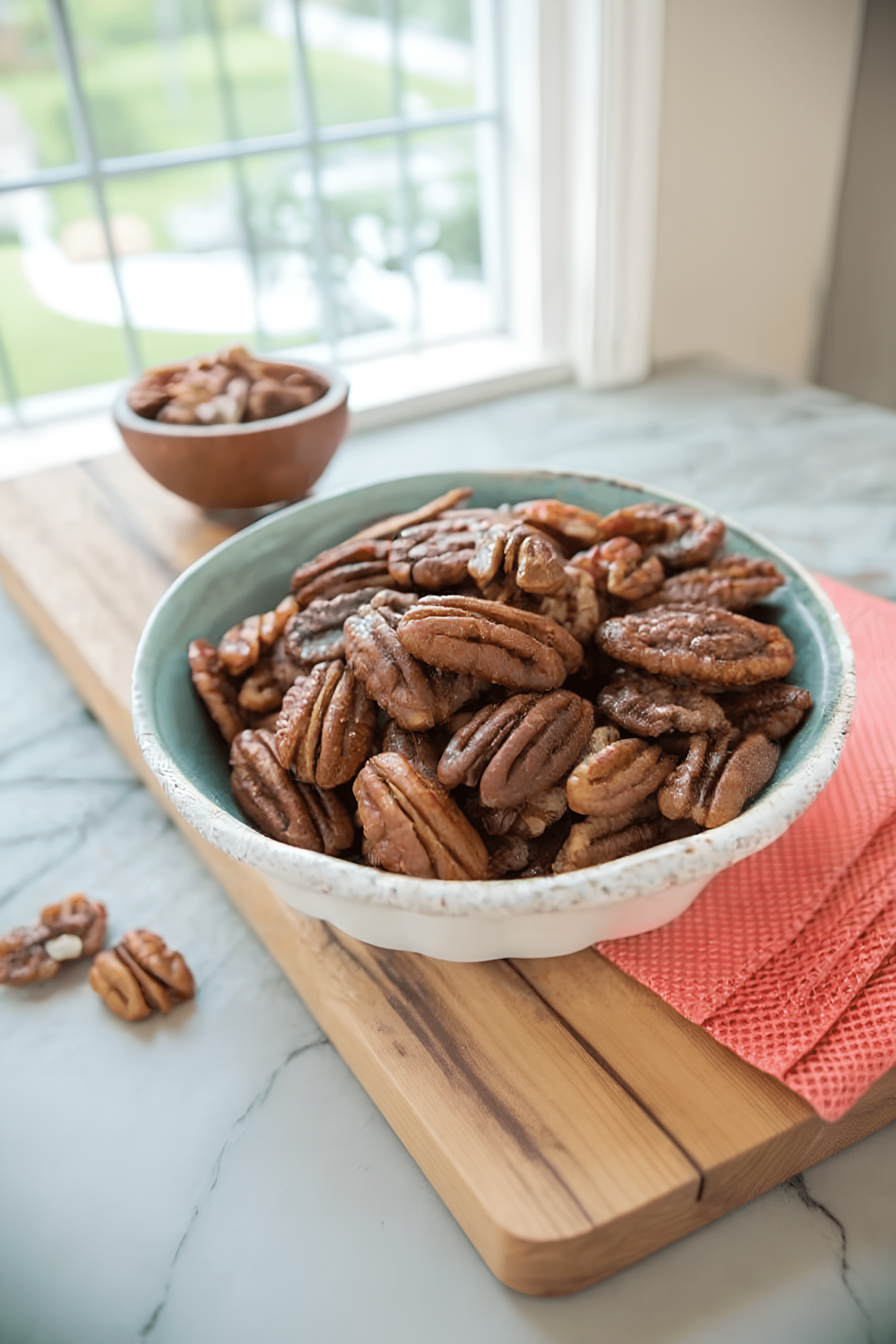 Bowl of finished stovetop candied pecans