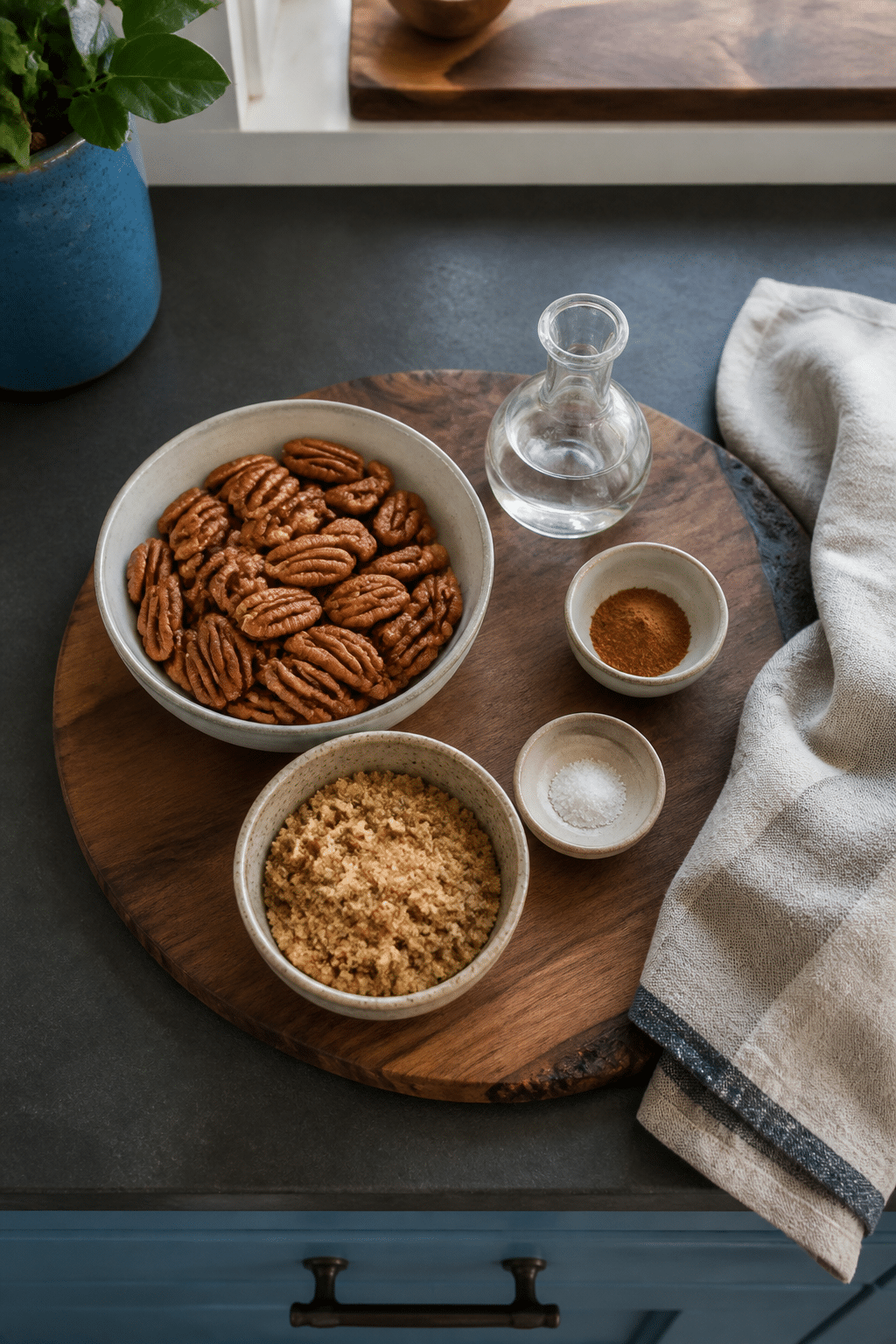 Ingredients measured for stovetop candied pecans