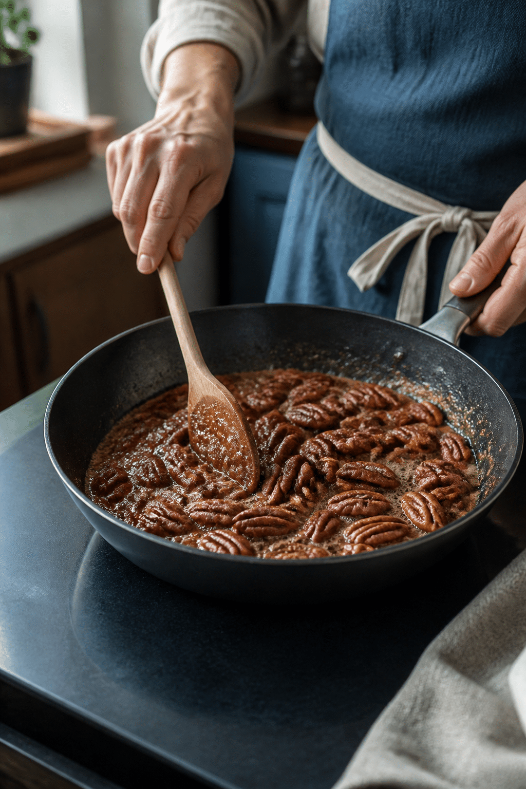 Stirring stovetop candied pecans in a bubbling skillet glaze