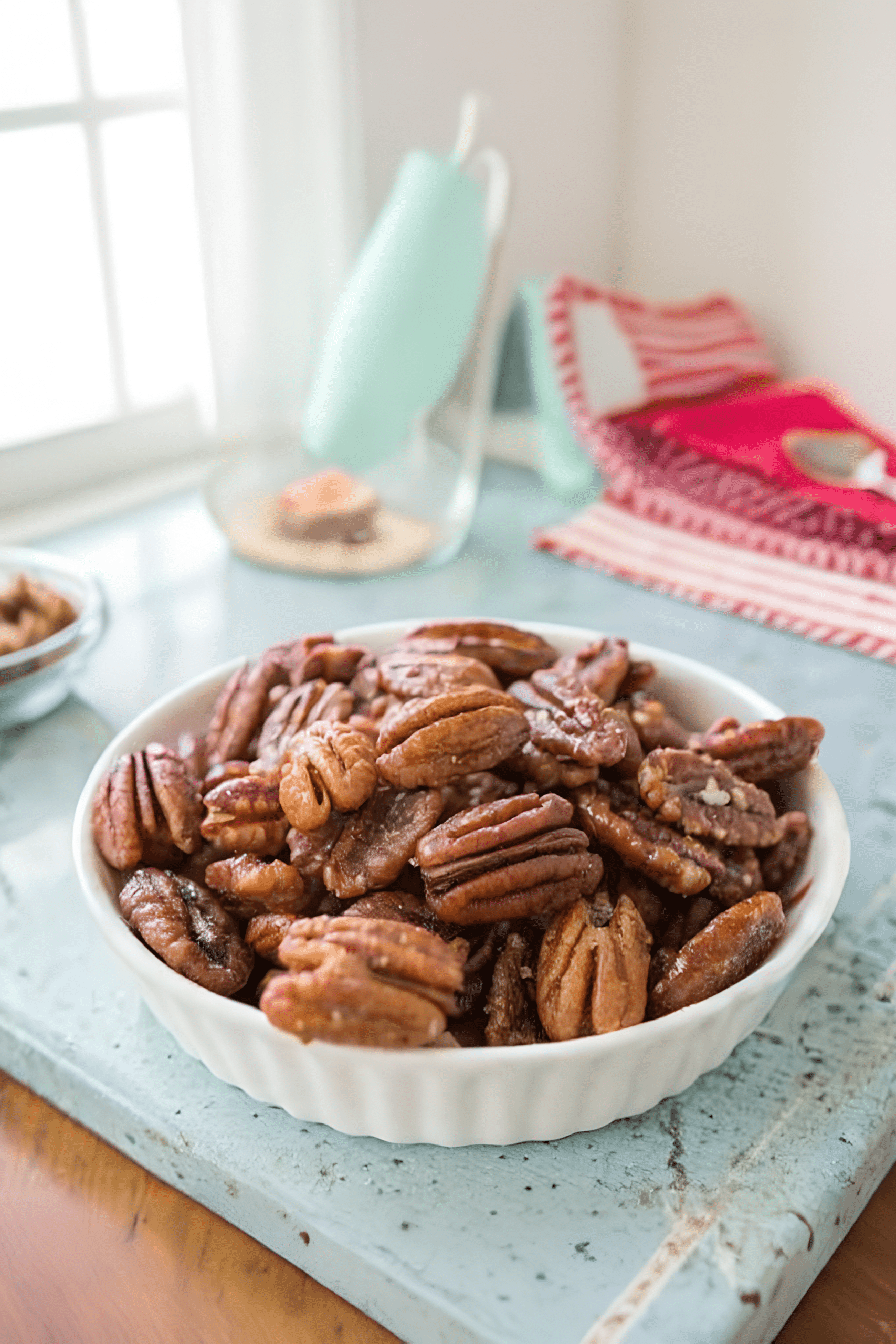 Close view of crisp stovetop candied pecans
