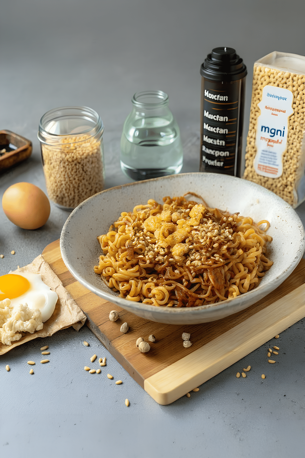 Sweet and spicy ramen noodles with egg