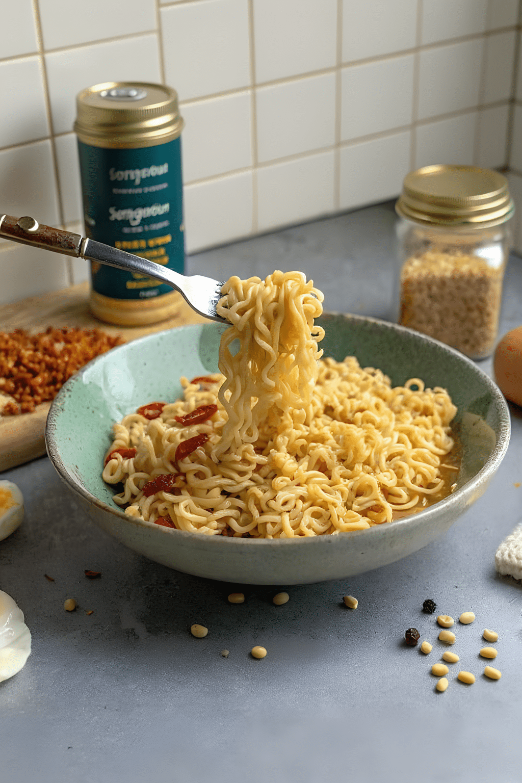 Glossy spicy ramen noodle stir fry