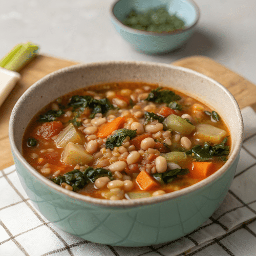 Tuscan farro soup with cannellini beans kale and potatoes