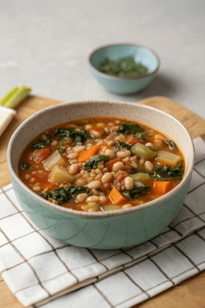 Tuscan farro soup with cannellini beans kale and potatoes