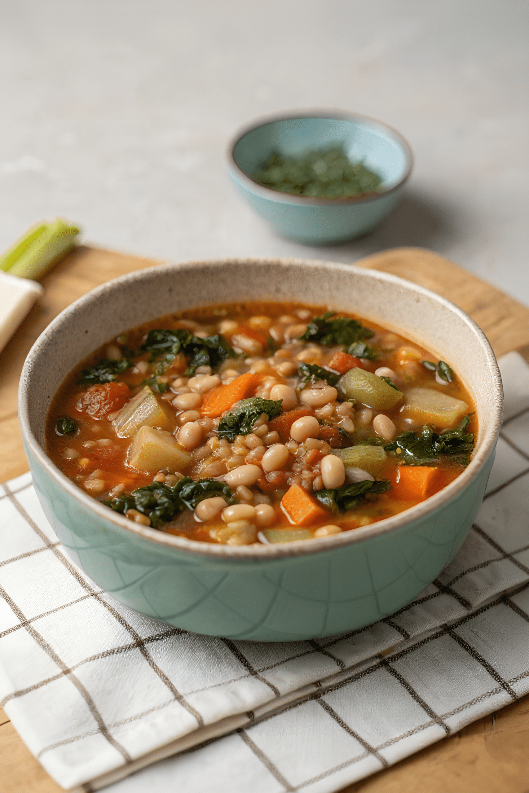 Tuscan farro soup with cannellini beans kale and potatoes