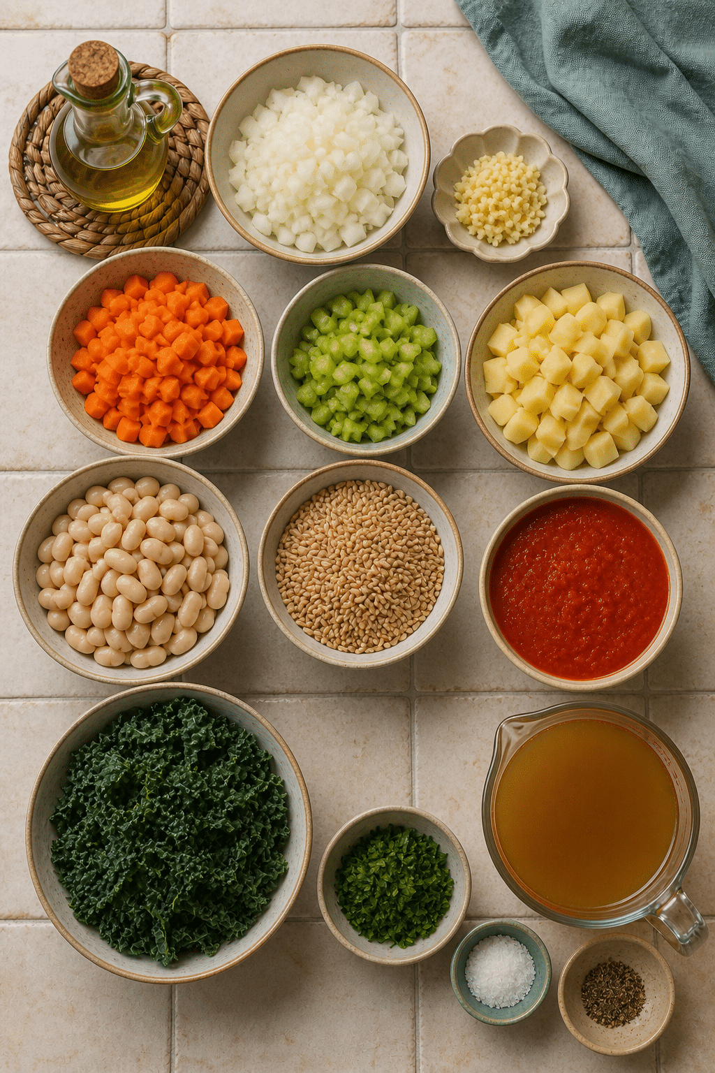 Ingredients measured for Tuscan farro soup