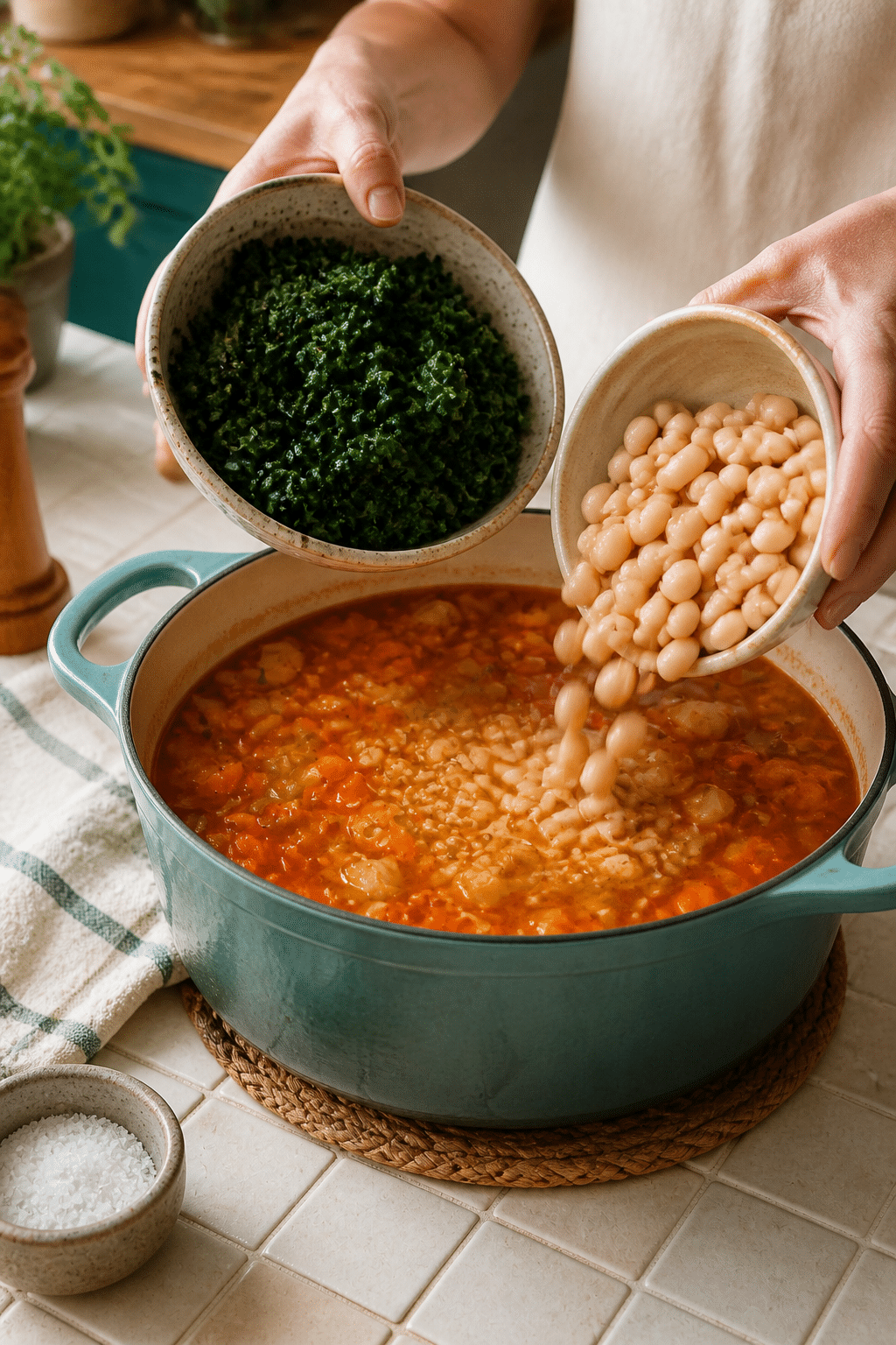 Adding cannellini beans and kale to Tuscan farro soup