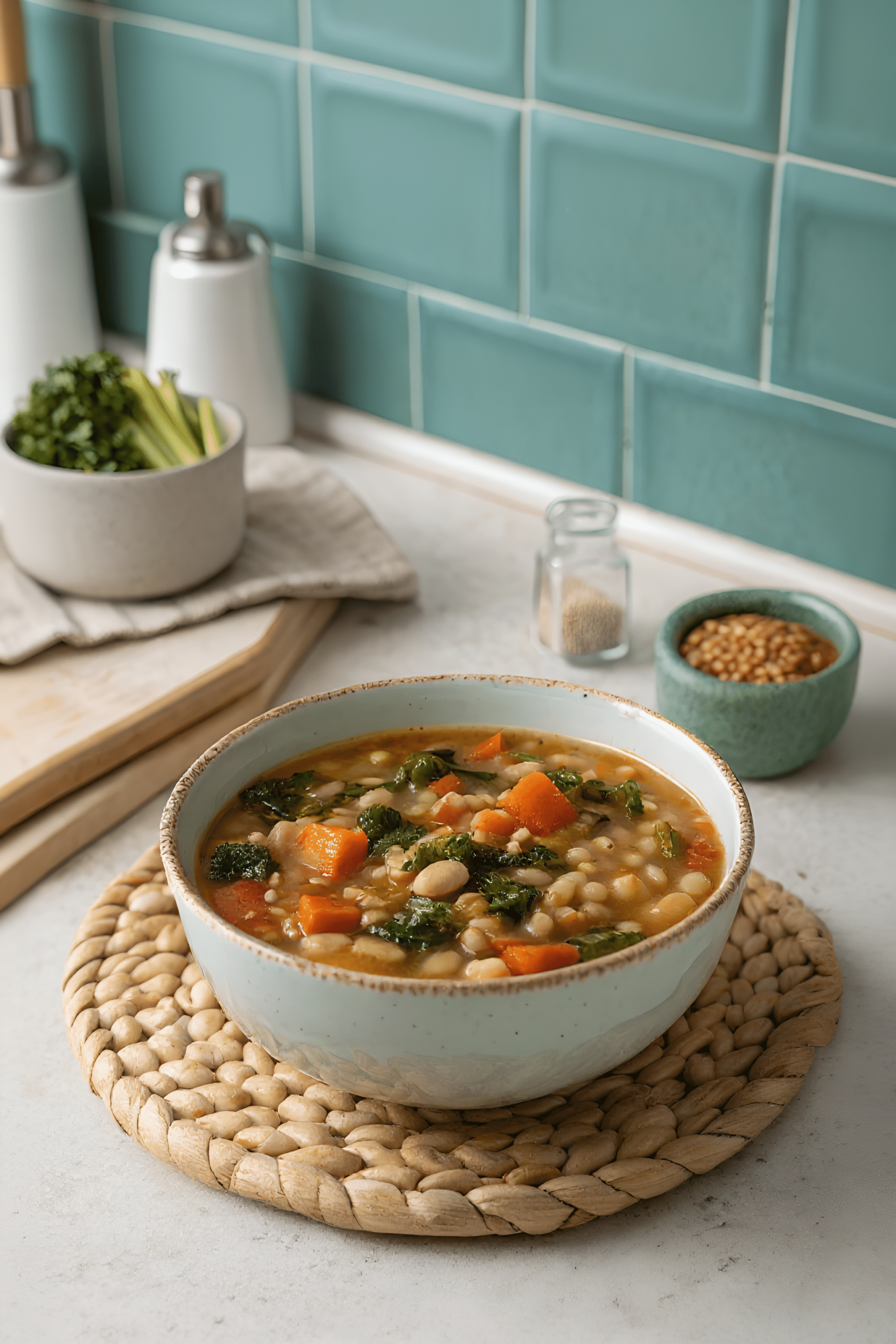 Finished Tuscan farro soup in a ceramic bowl