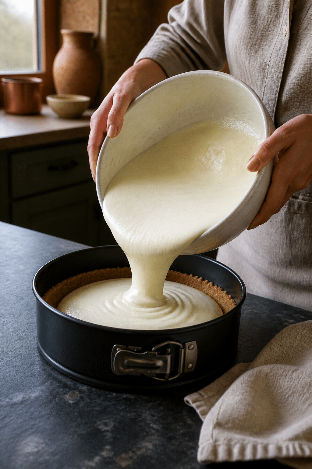 Preparing vanilla bean cheesecake in the reserved kitchen scene