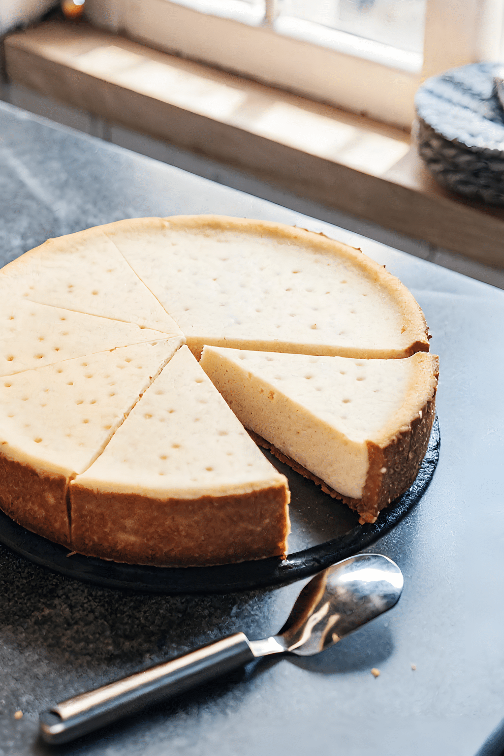 Close view of the finished vanilla bean cheesecake