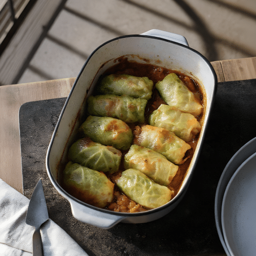 vegan mushroom cabbage rolls finished dish