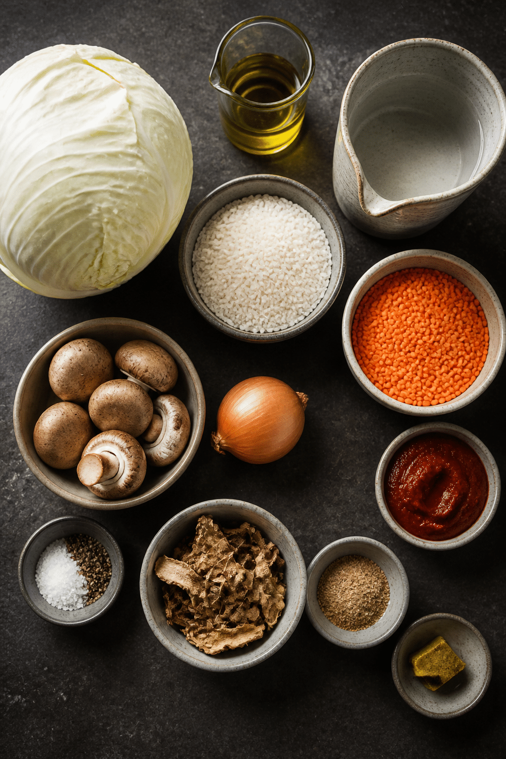 vegan mushroom cabbage rolls ingredients measured and arranged
