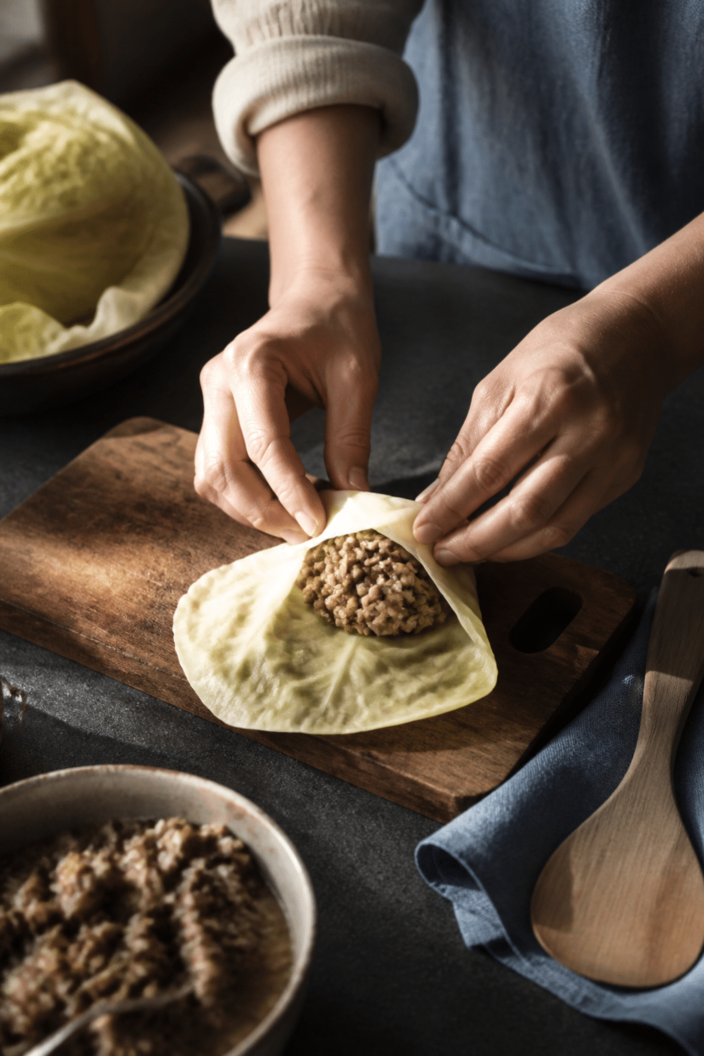 vegan mushroom cabbage rolls preparation in progress
