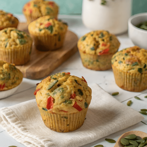 Finished vegan savoury muffins in the reserved kitchen scene
