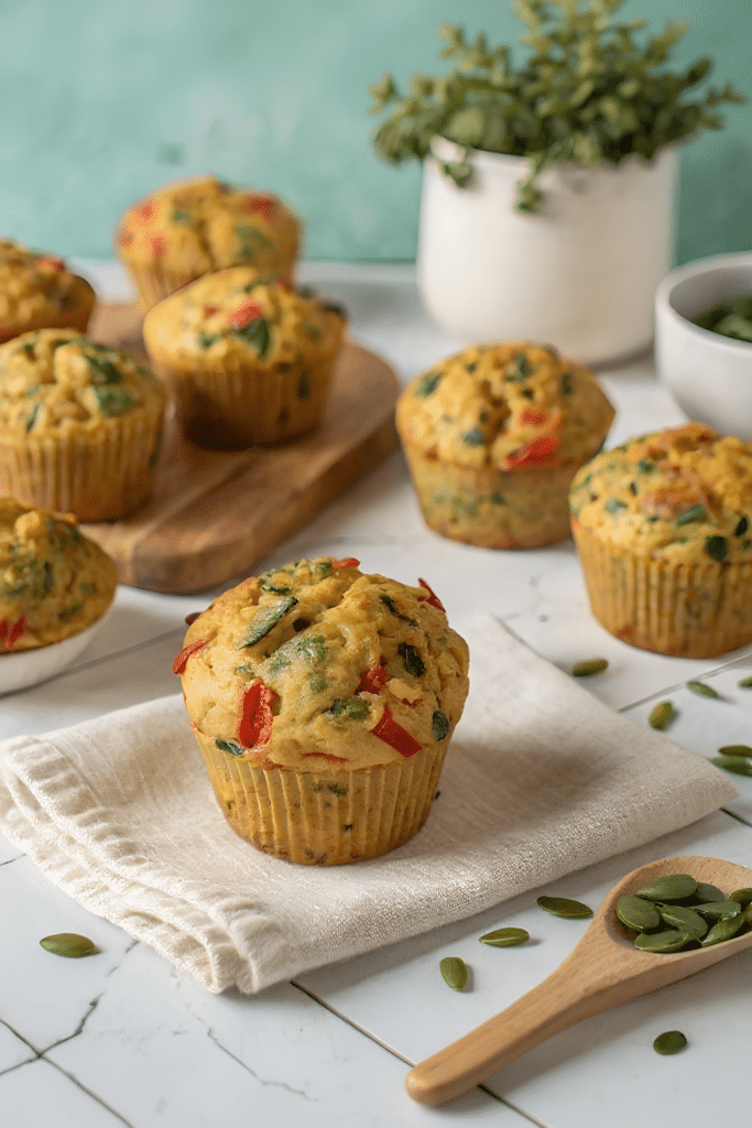 Finished vegan savoury muffins in the reserved kitchen scene