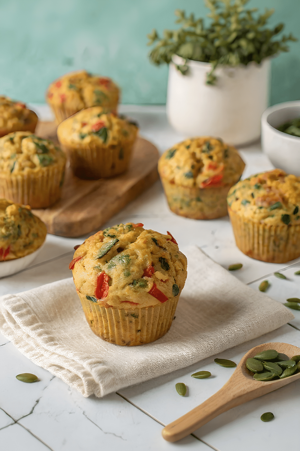 Finished vegan savoury muffins in the reserved kitchen scene