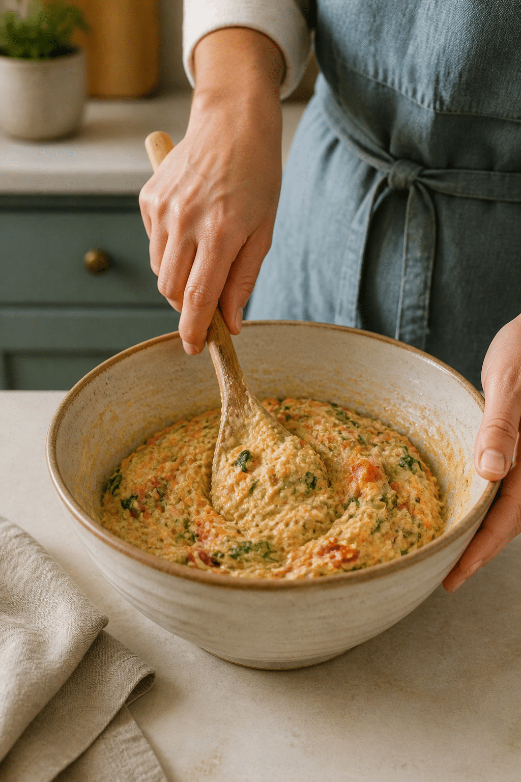 Preparing vegan savoury muffins in the reserved kitchen scene