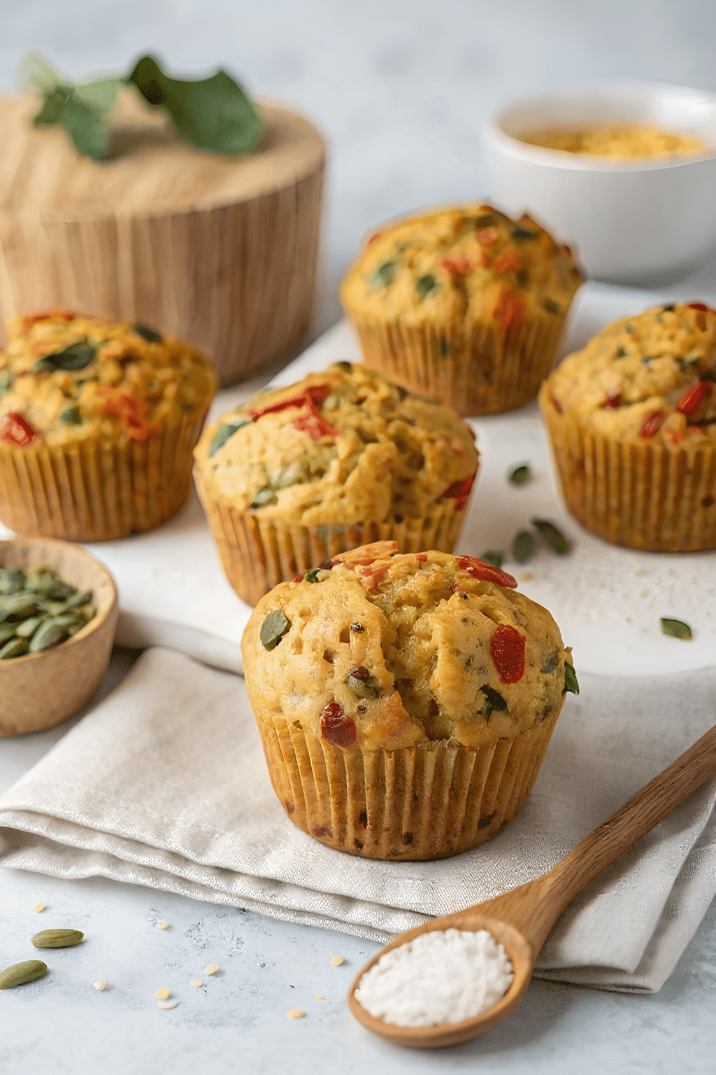 Close view of the finished vegan savoury muffins