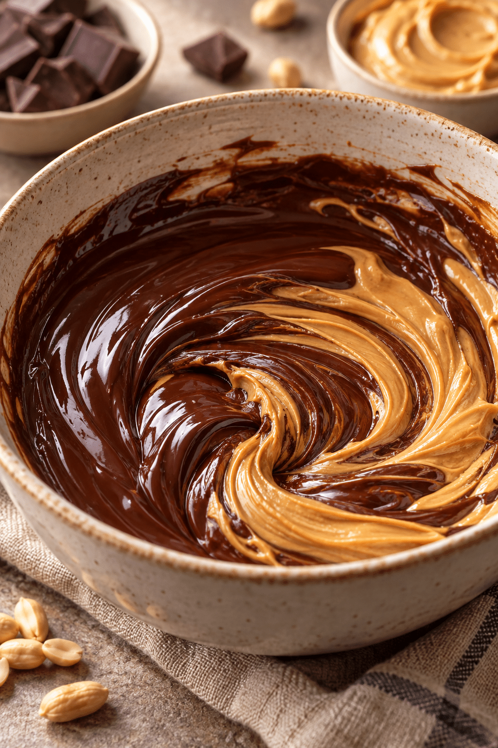 melted chocolate and peanut butter being combined for 2 ingredient fudge