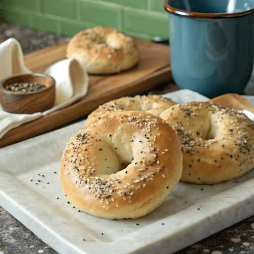 Finished 2 ingredient Greek yogurt bagels in the reserved kitchen scene