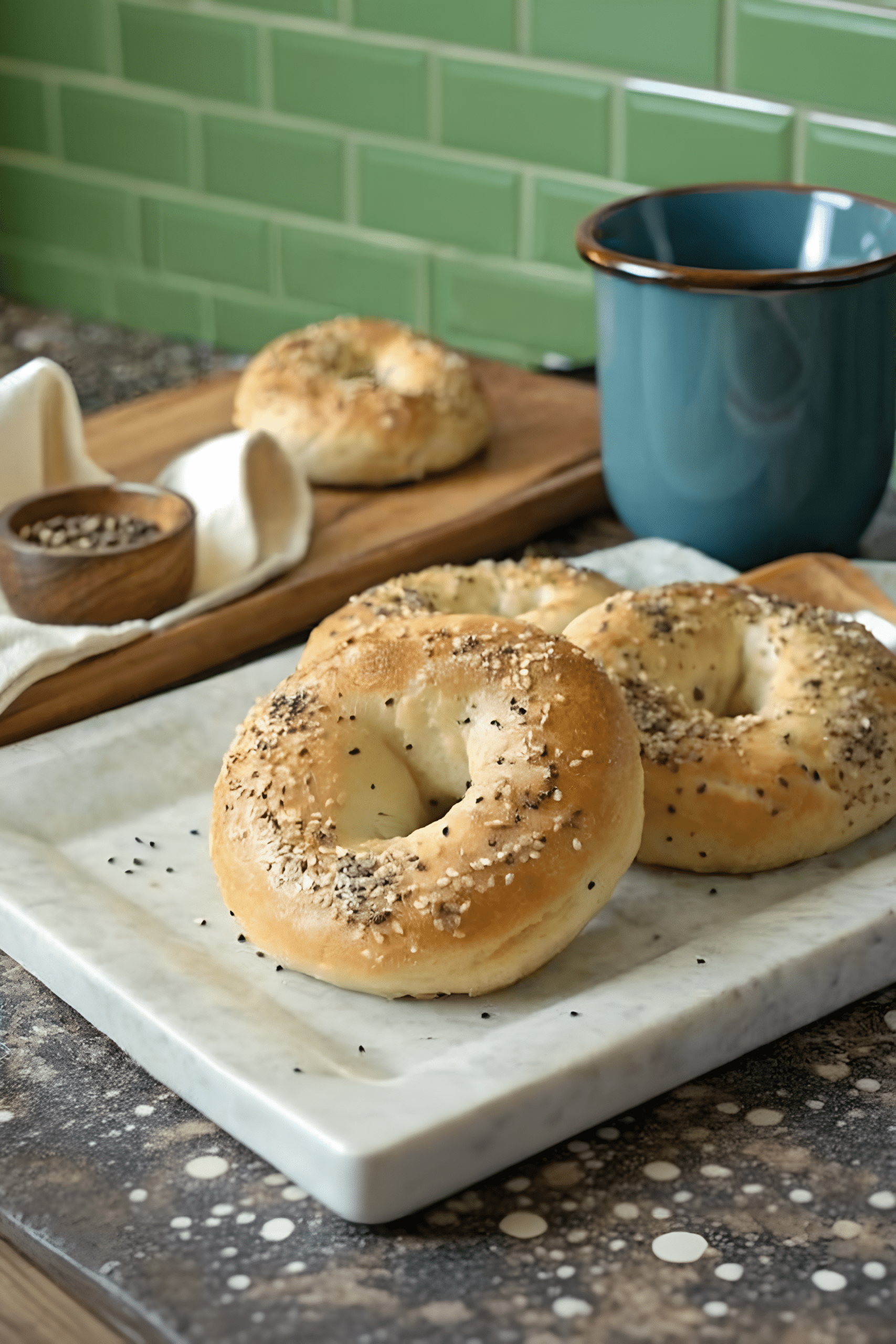 Finished 2 ingredient Greek yogurt bagels in the reserved kitchen scene