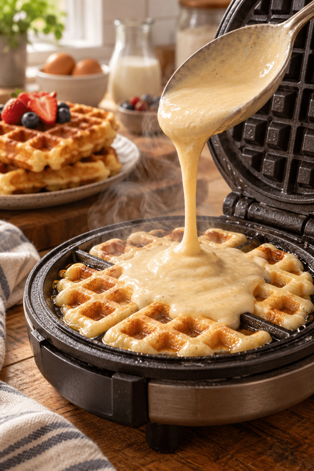 Cooking 4 ingredient dutch cream waffles in a hot waffle iron