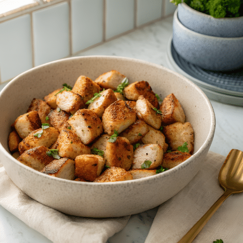 Finished air fryer chicken bites in the reserved kitchen scene