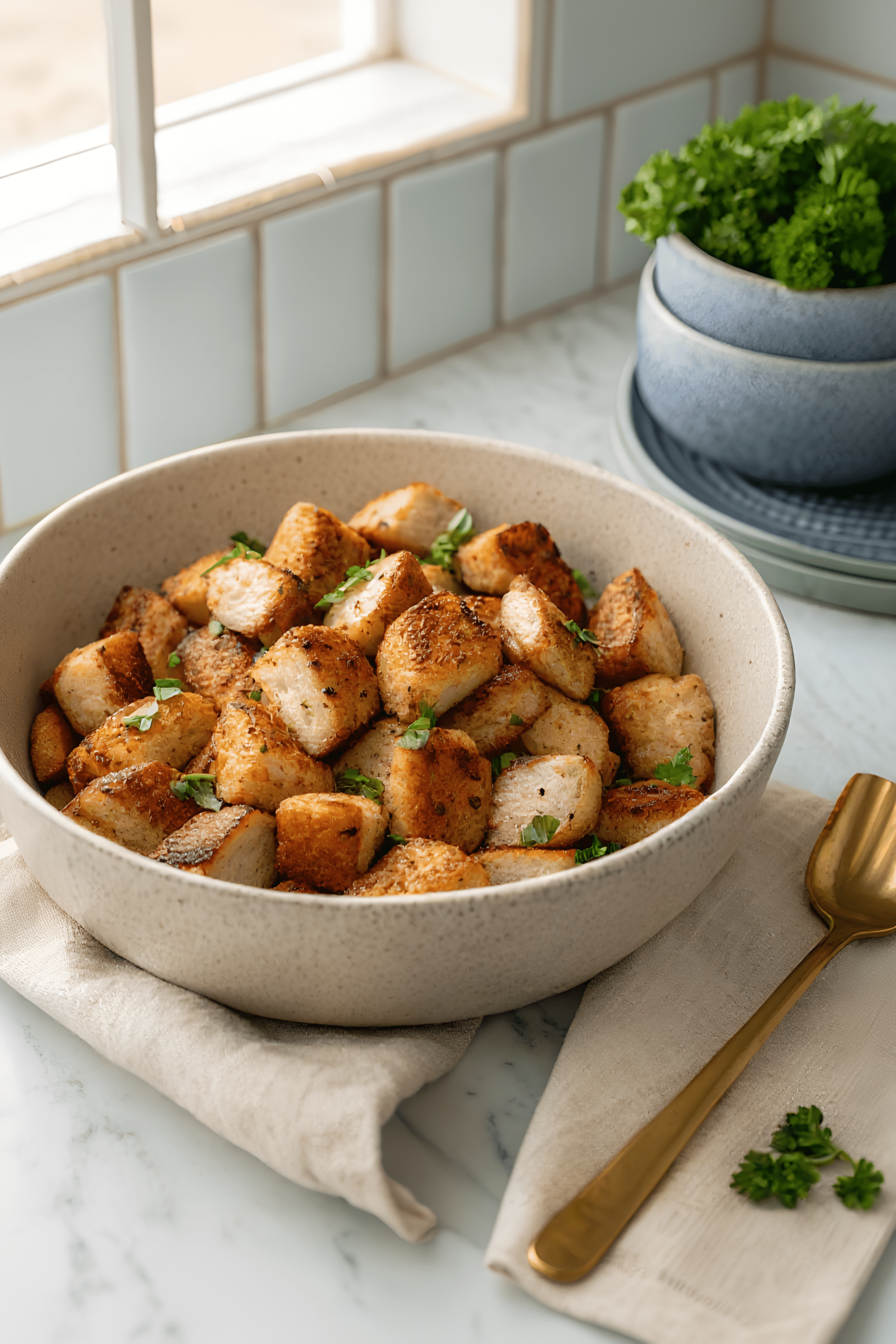 Finished air fryer chicken bites in the reserved kitchen scene