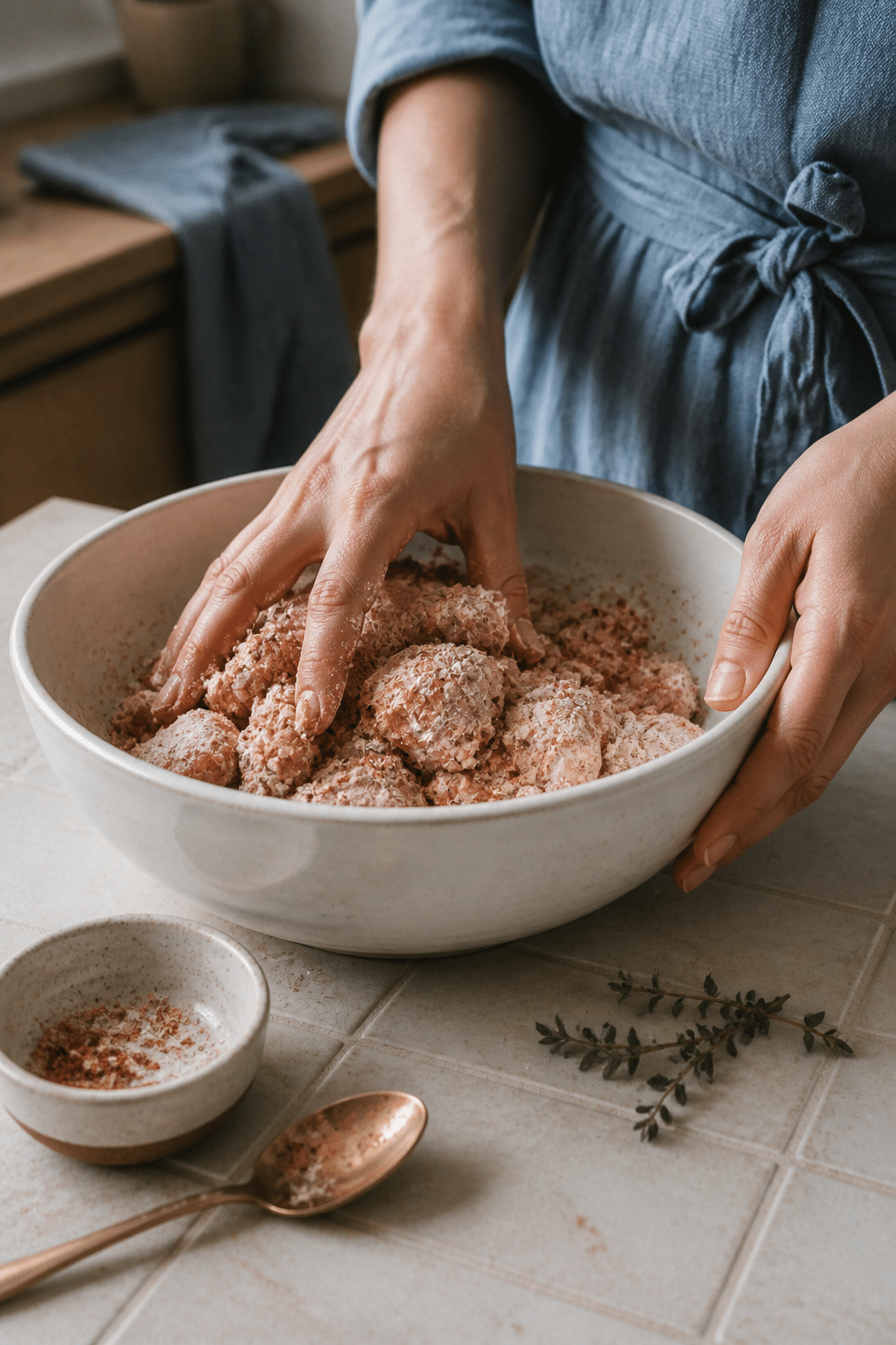 Preparing air fryer chicken bites in the reserved kitchen scene