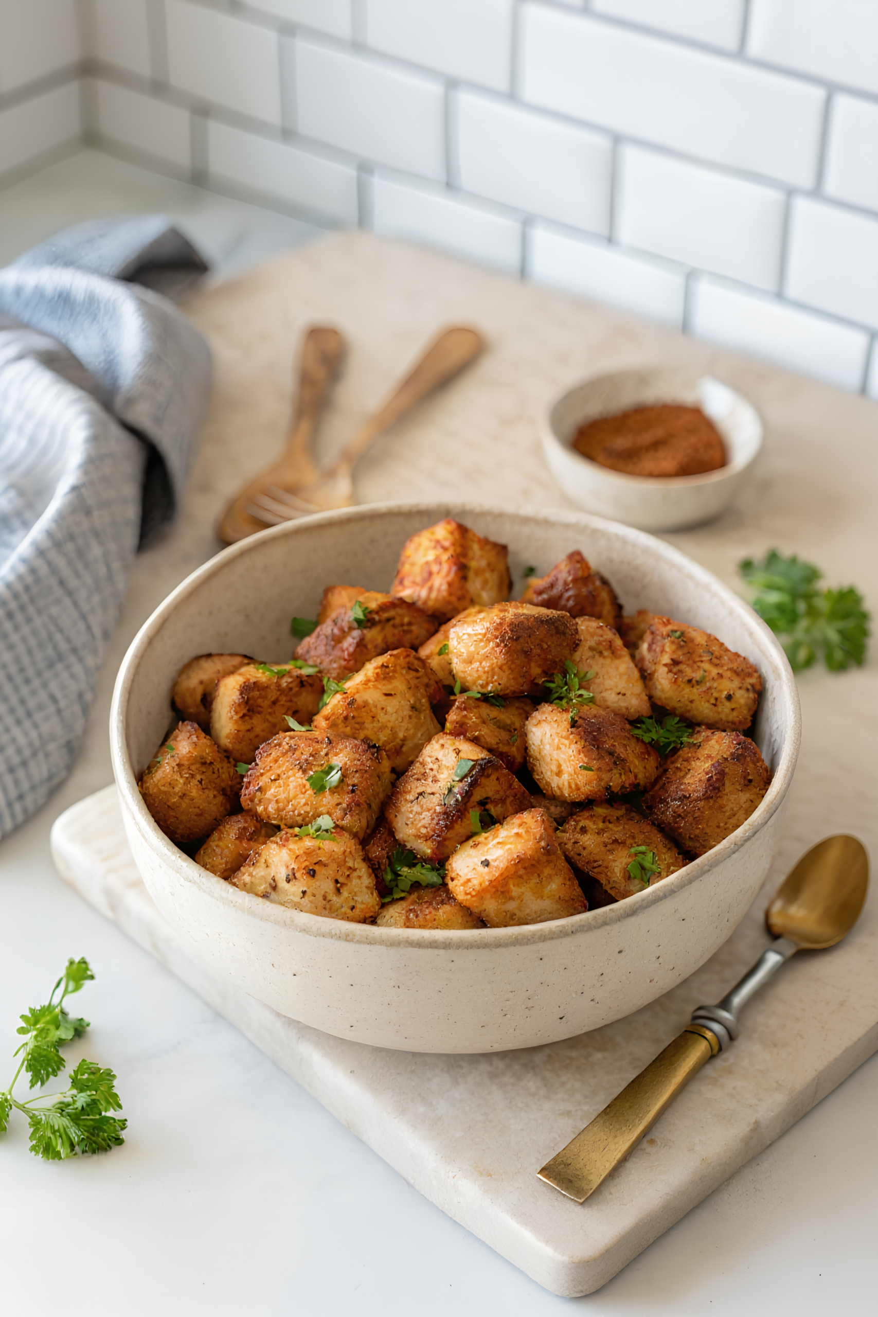 Close view of the finished air fryer chicken bites